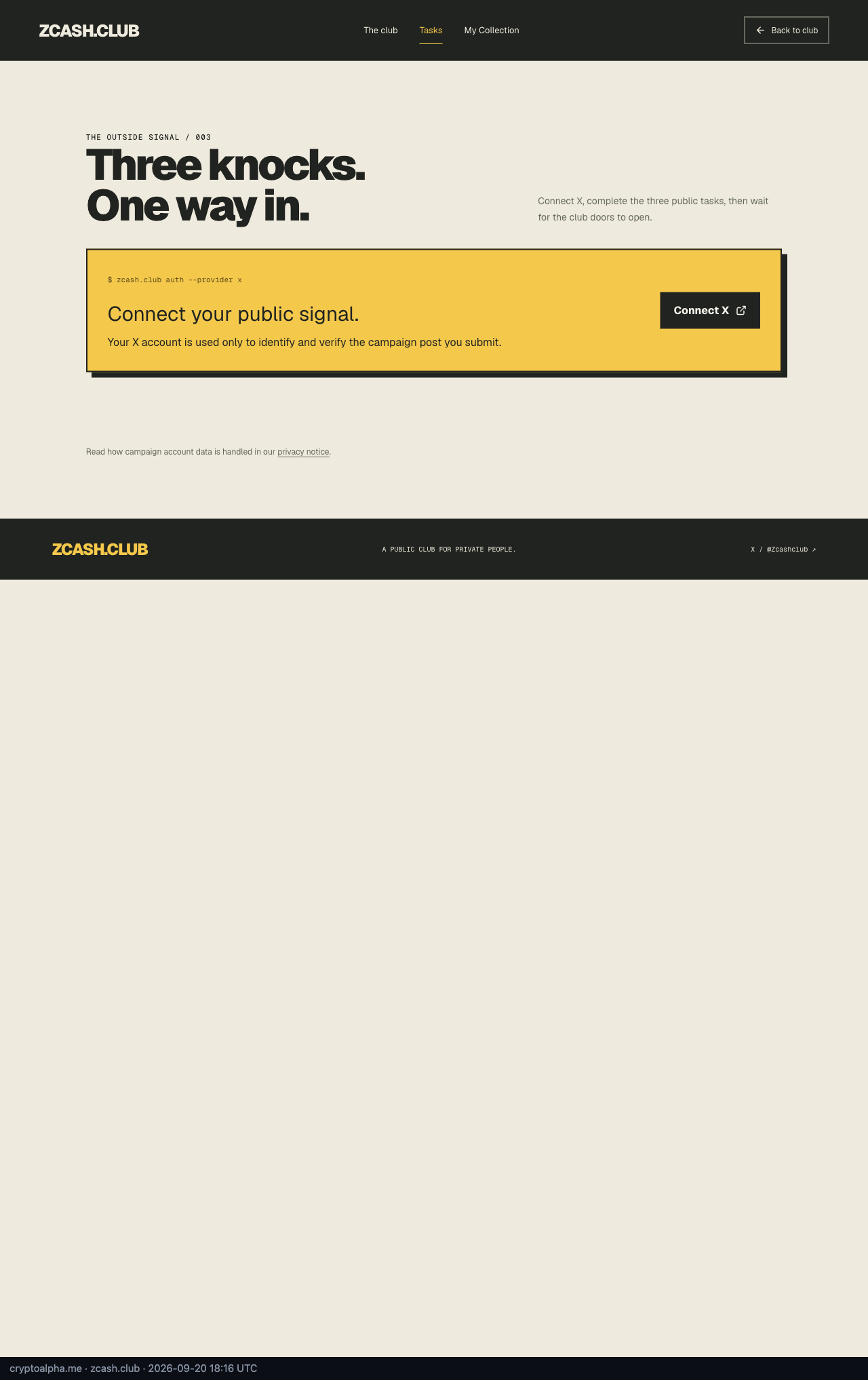 Screenshot of https://zcash.club/tasks