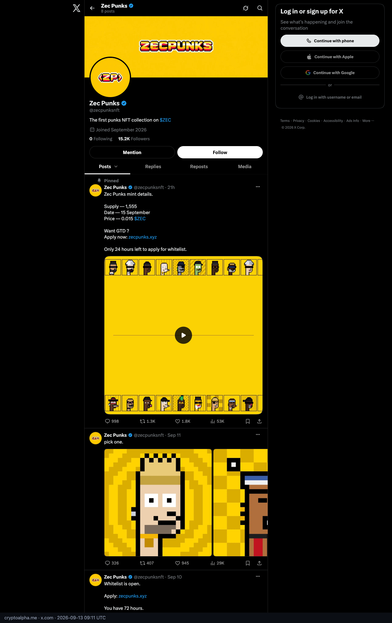 Screenshot of https://x.com/zecpunksnft